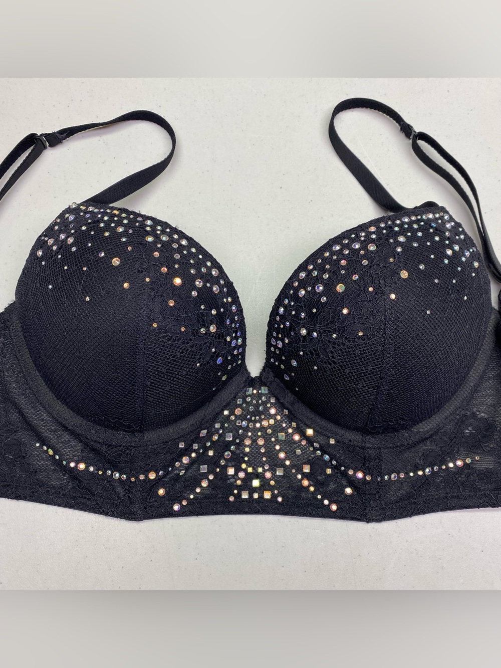 La Senza Black Lace Longline Rhinestone Push-Up Bra 34B NWOT *P1029
